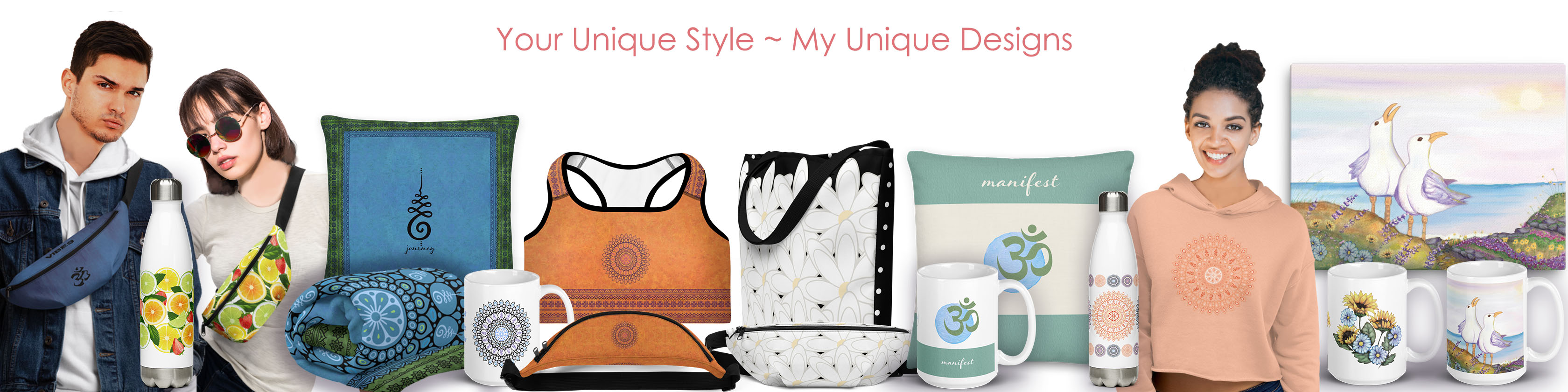 Images of products designed by Sunset Fire Designs - sports bras, tote bags, throw pillows, water bottles, coffee mugs, throw blankets.